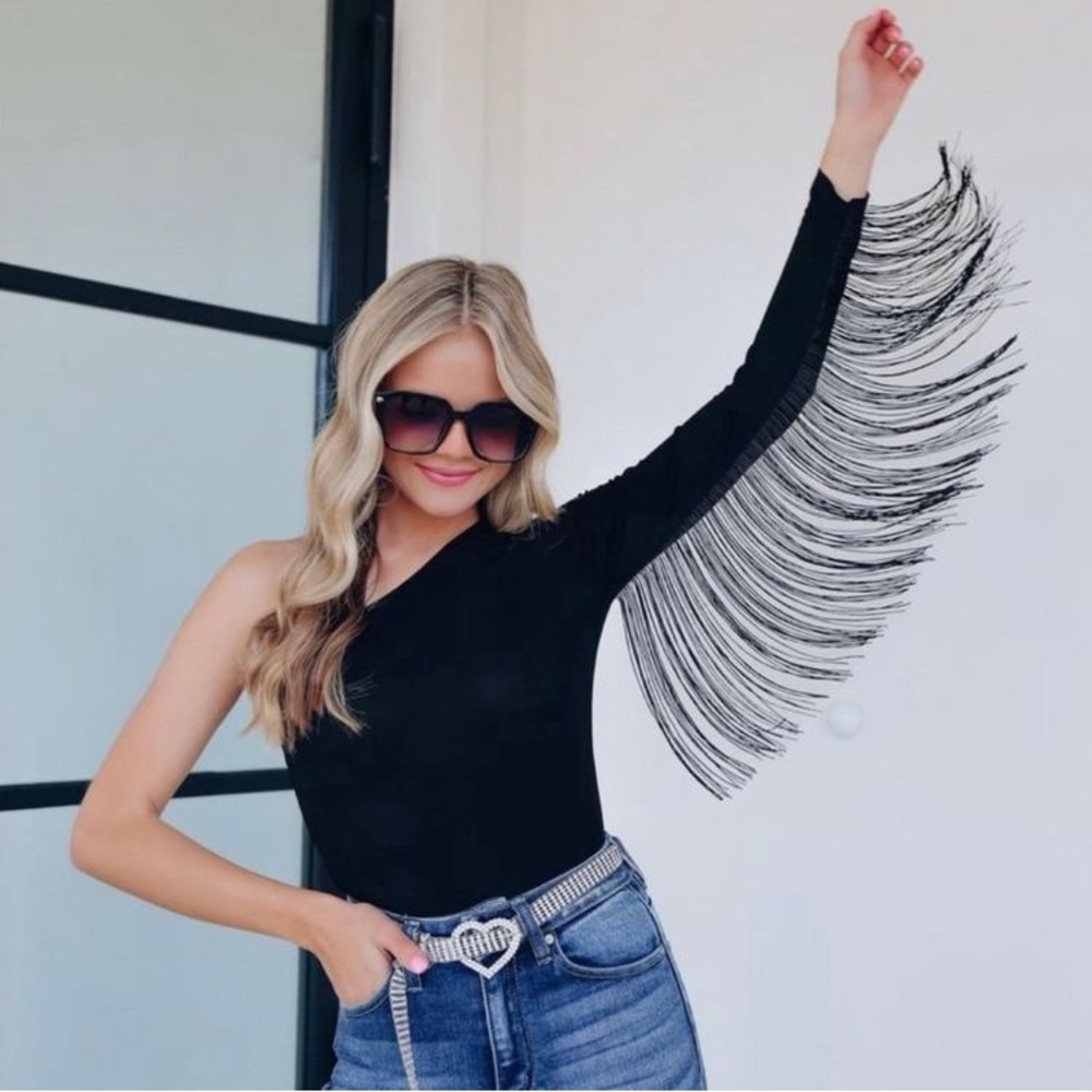 New Black Western Boho One Arm Fringe Bodysuit